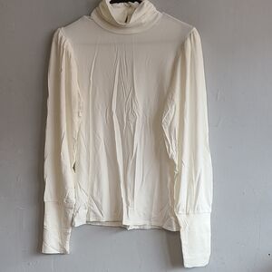 NEW women's large cream beige button mock neck long sleeve shirt keyhole back